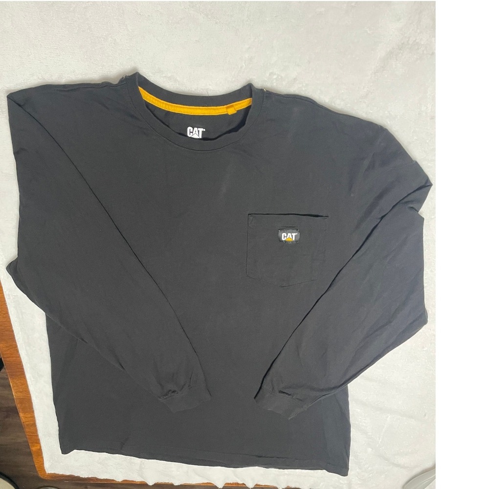 Caterpillar CAT Mens Black Long Sleeve Pocket T-Shirt XXL Cotton Workwear Tee